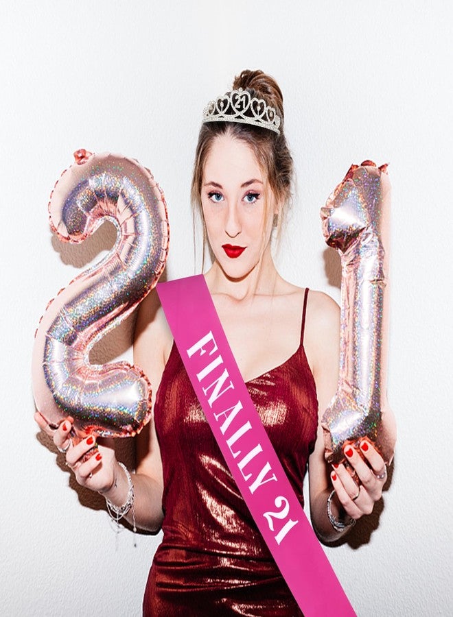 Amariver Finally 21 Silver Crown with Rhinestones & Hot Pink Sash - 21st Birthday Tiara & Party Supplies - Image 5